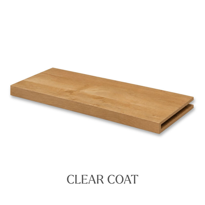 1 5/8-inch solid Superior Alder alcove floating shelf in Clear Coat finish with an open end for trimming.