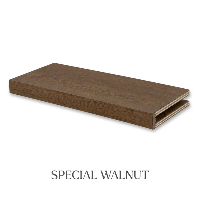 3-inch White Oak alcove floating shelf in Special Walnut with a rich brown finish and visible wood grain.