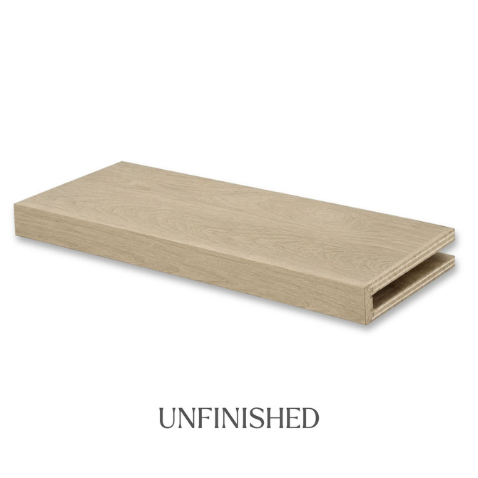 3-inch unfinished White Oak alcove floating shelf showing the natural raw color and grain of the wood.