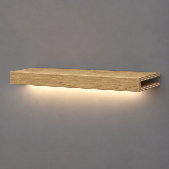3-inch box construction White Oak LED-lit alcove shelf with recessed hardwired lighting underneath and an open end for a custom-fit installation.