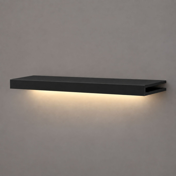 1.625-inch solid wood Black Painted Maple LED-lit alcove shelf with recessed hardwired lighting underneath and an open end for a custom-fit installation.