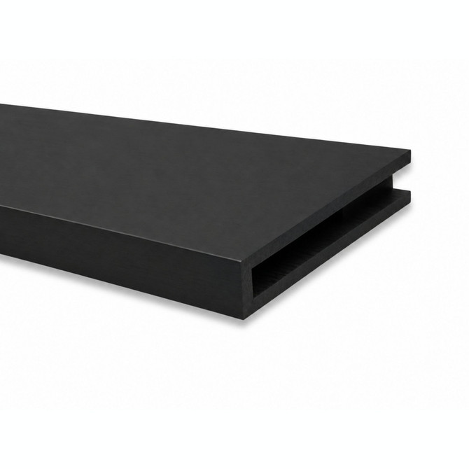 Close-up of black painted maple alcove floating shelf showing the open end and recessed hidden cleat channel.