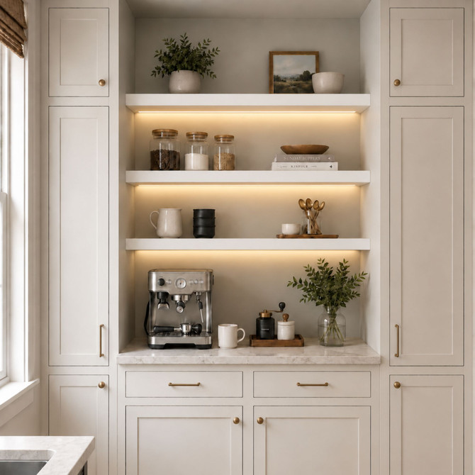 1.625-inch White Painted Maple LED-lit alcove shelves installed in a built-in kitchen coffee bar with recessed under-shelf lighting.