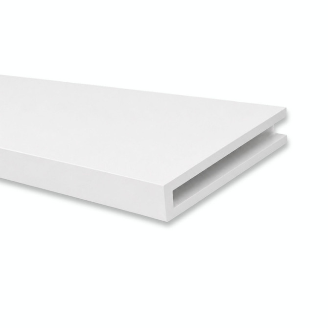 Close-up of white painted maple alcove floating shelf showing the open end and recessed hidden cleat channel.