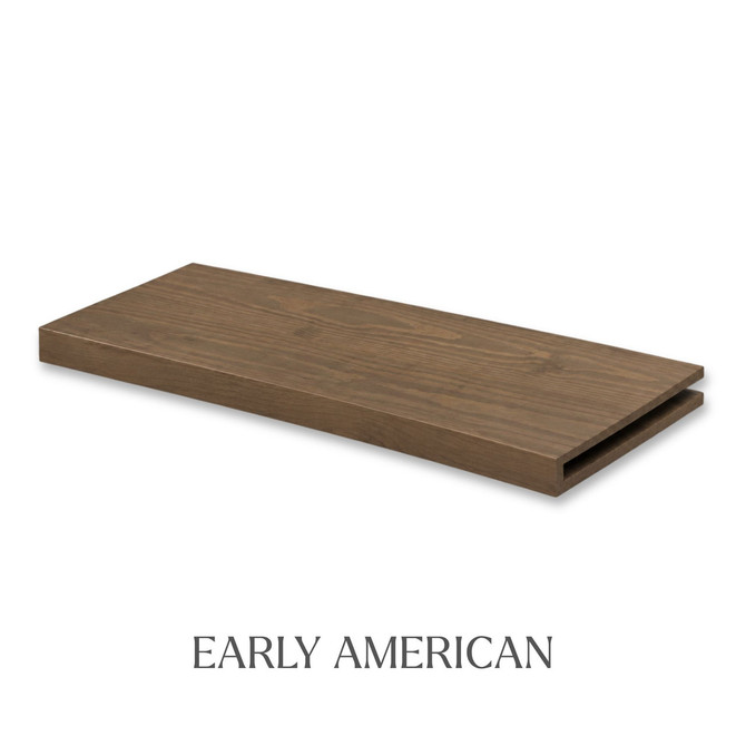 1 5/8-inch solid Pine alcove floating shelf in Early American finish with an open end for trimming.