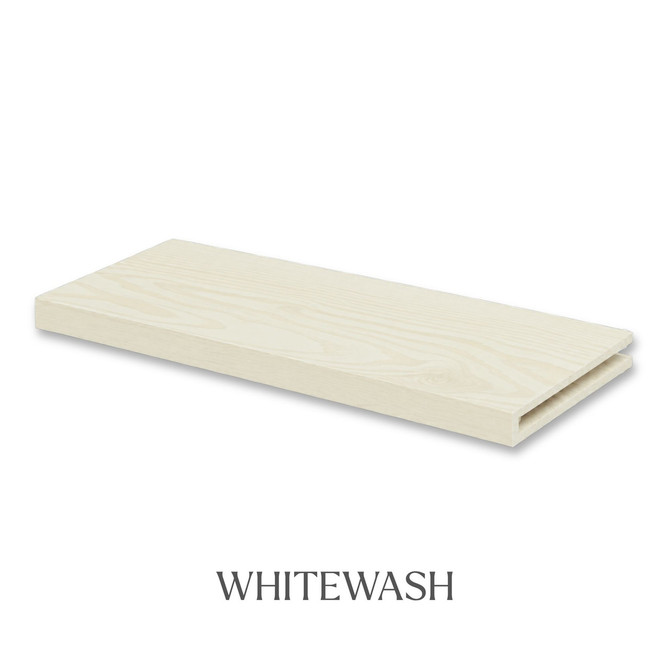 1 5/8-inch solid Pine alcove floating shelf in White Wash finish with an open end for trimming.