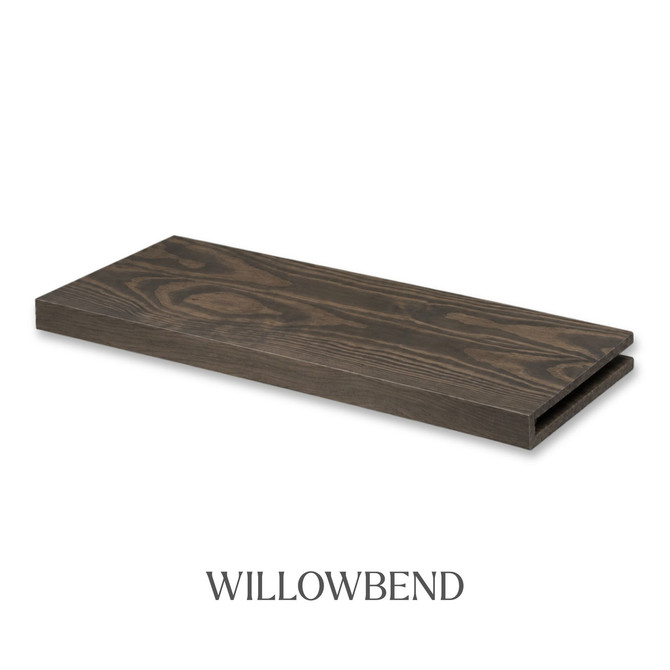 1 5/8-inch solid Pine alcove floating shelf in Willowbend finish with an open end for trimming.