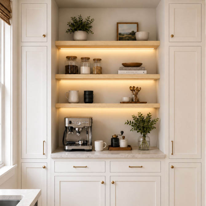 1.625-inch Pine LED-lit alcove shelves installed in a built-in kitchen coffee bar with recessed under-shelf lighting.