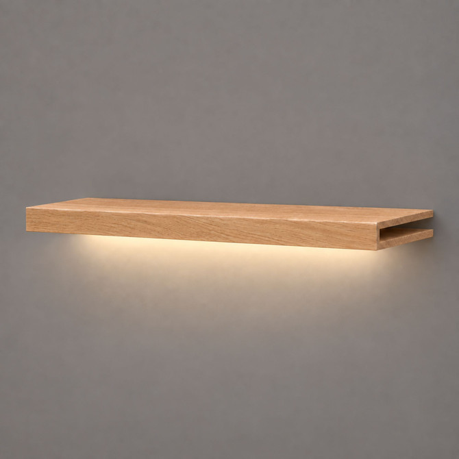 1.625-inch solid wood Red Oak LED-lit alcove shelf with recessed hardwired lighting underneath and an open end for a custom-fit installation.