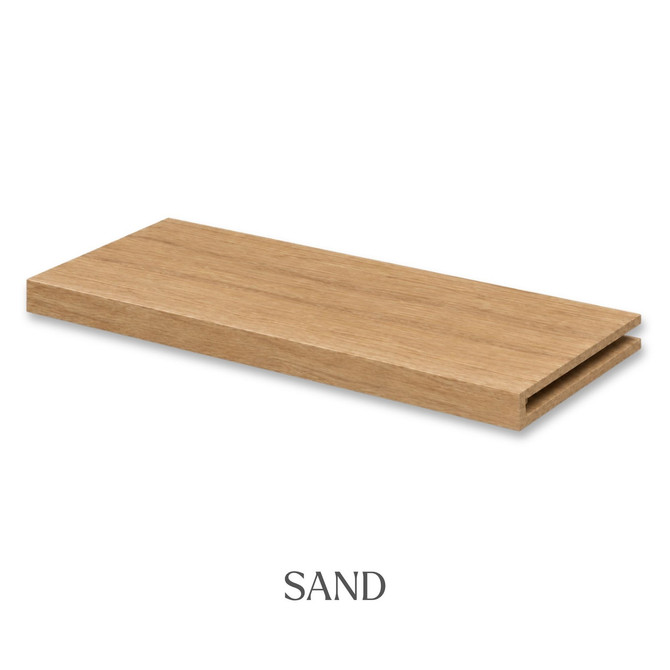 1 5/8-inch solid Red Oak alcove floating shelf in Sand finish with an open end for trimming.