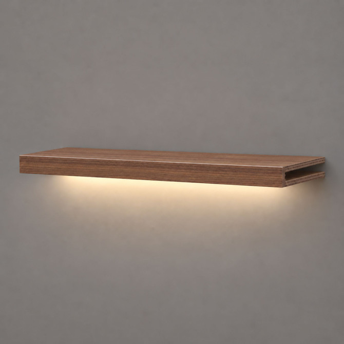 2-inch box construction Walnut LED-lit alcove shelf with recessed hardwired lighting underneath and an open end for a custom-fit installation.