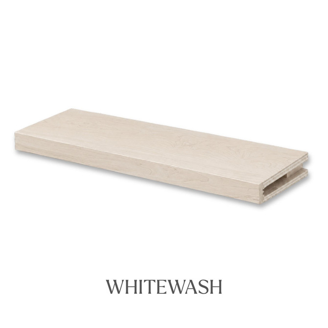 2-inch Maple alcove floating shelf in White Wash with a soft light finish and subtle natural wood grain.