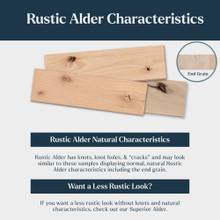 Rustic Alder wood samples showing natural knots, knot holes, cracks, grain variation, and end grain characteristics.