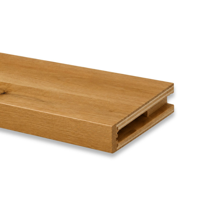 Close-up of a 2-inch Rustic Alder alcove floating shelf in Clear Coat showing the open end and routed channel for side cleat installation.