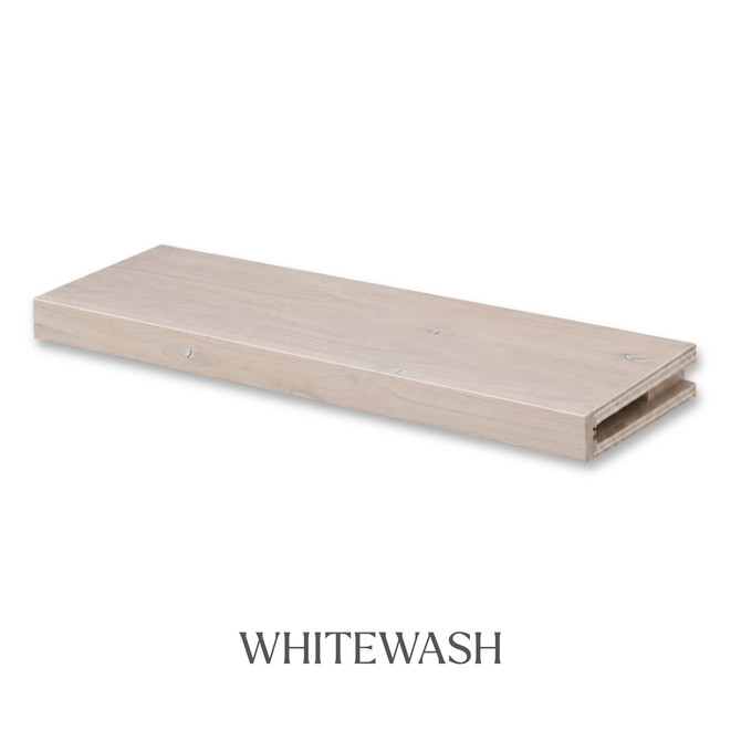 2-inch Rustic Alder alcove floating shelf in White Wash with a soft light finish that keeps the natural knots and wood grain visible.