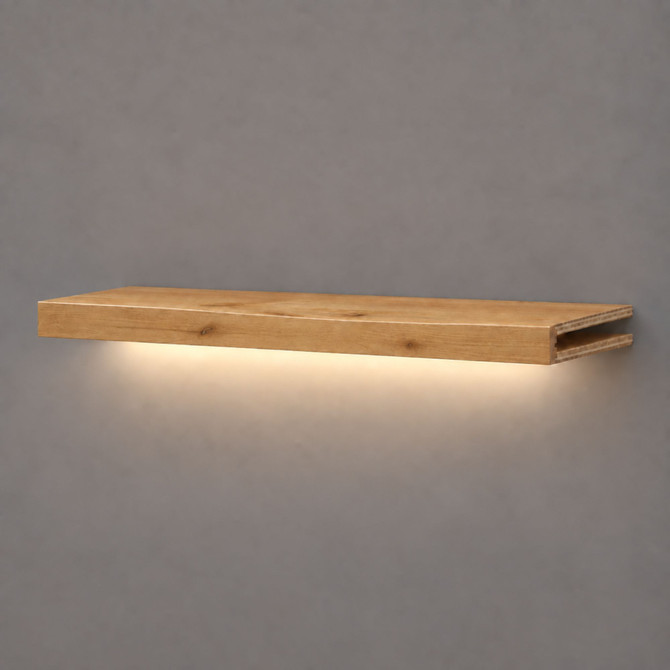 2-inch box construction Rustic Alder LED-lit alcove shelf with recessed hardwired lighting underneath and an open end for a custom-fit installation.