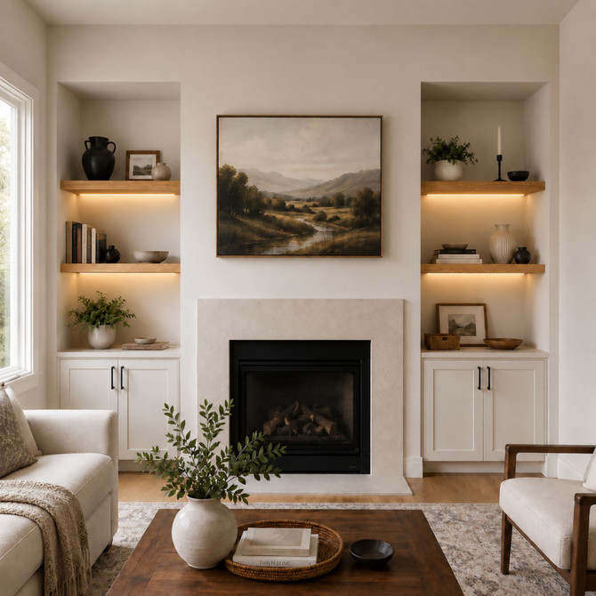 2-inch Rustic Alder LED-lit alcove shelves installed in built-in niches beside a living room fireplace.