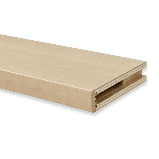 Close-up of a 2-inch natural Maple alcove floating shelf showing the light wood grain and open end for side cleat installation.