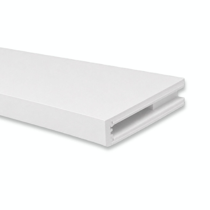 Close-up of a 2-inch Maple alcove floating shelf in Painted White showing the open end and routed channel for side cleat installation.