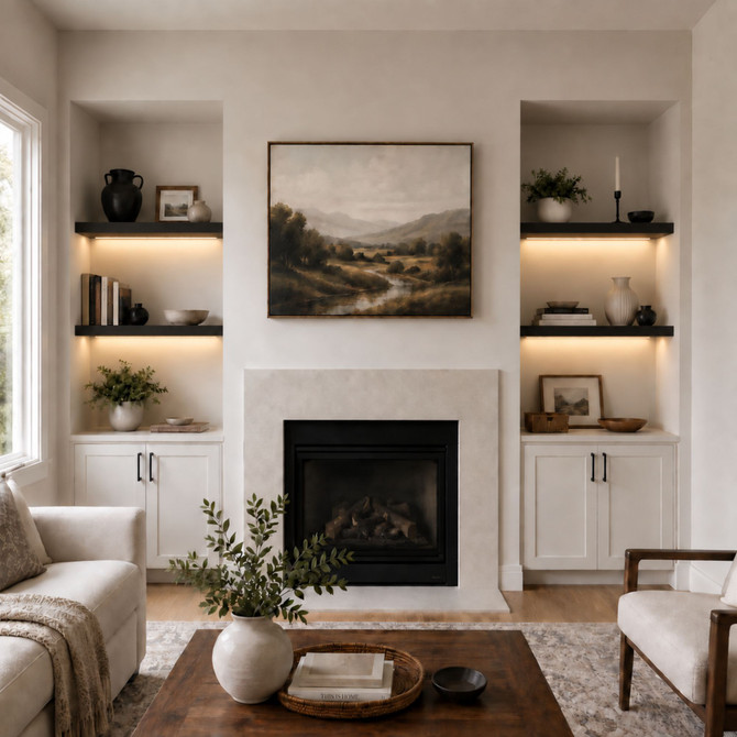 2-inch Black Painted Maple LED-lit alcove shelves installed in built-in niches beside a living room fireplace.