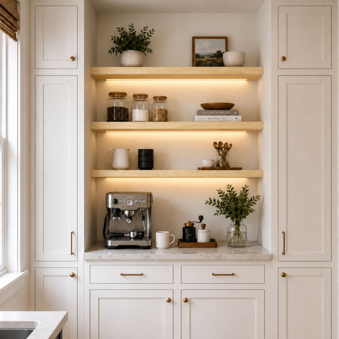 2-inch Pine LED-lit alcove shelves installed in a built-in kitchen coffee bar with recessed under-shelf lighting.