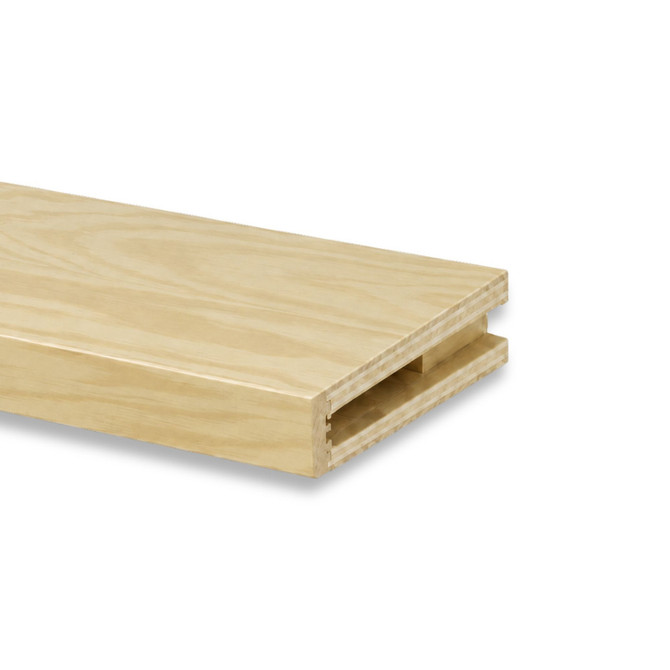 Close-up of a 2-inch Pine alcove floating shelf in Clear Coat showing the open end and routed channel for side cleat installation.