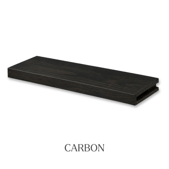 2-inch Pine alcove floating shelf in Carbon with a dark finish, visible wood grain, and open end for side cleat installation.