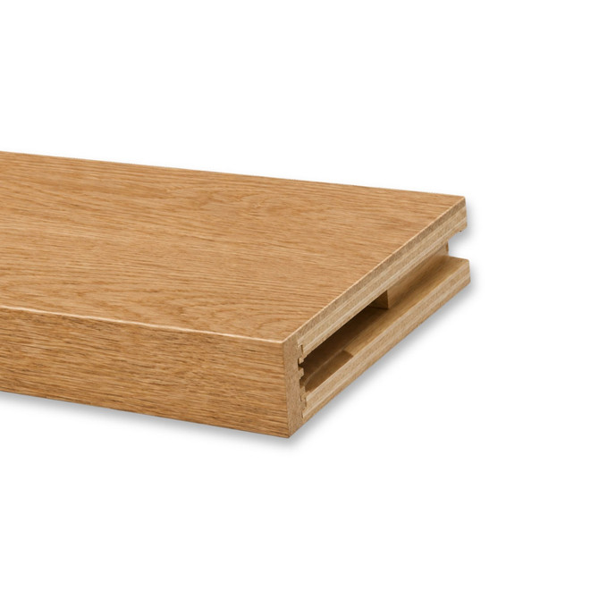 Close-up of a 2-inch Red Oak alcove floating shelf in Clear Coat showing the natural oak grain and open end for side cleat installation.