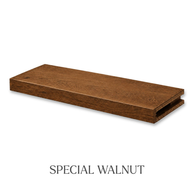2-inch Red Oak alcove floating shelf in Special Walnut with a deep brown finish and prominent oak wood grain.