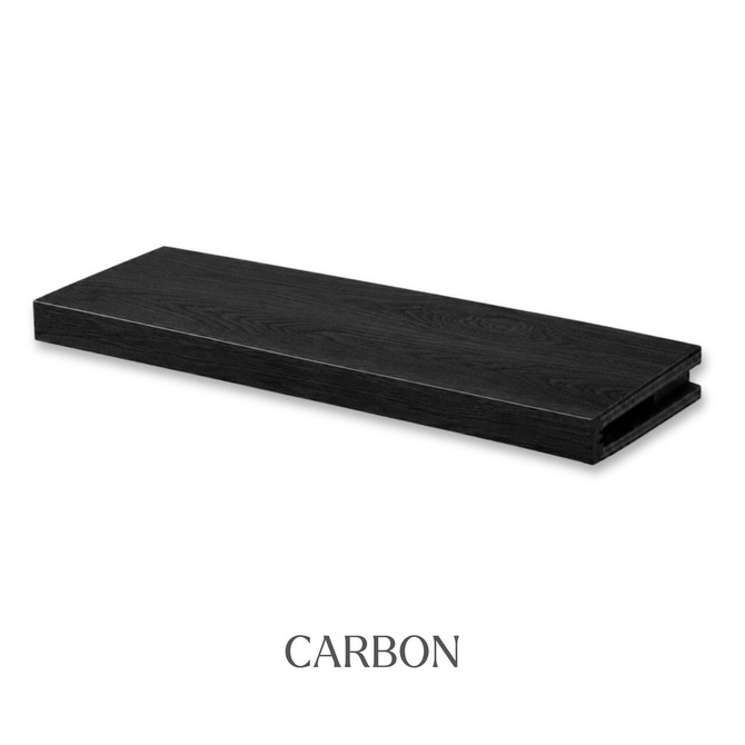 2-inch Red Oak alcove floating shelf in Carbon with a dark finish and visible natural oak wood grain.