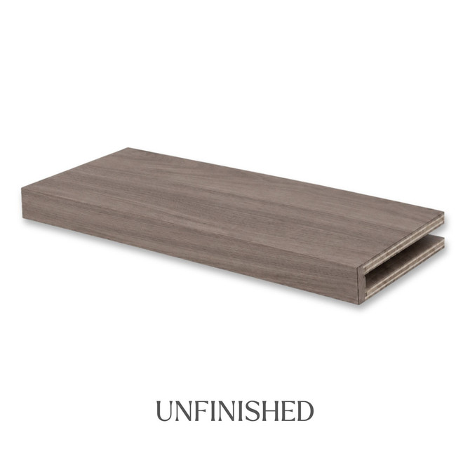 3-inch unfinished Walnut alcove floating shelf showing the natural walnut color, grain variation, and open end for installation.