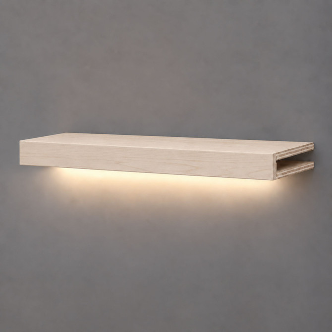 3-inch box construction Maple LED-lit alcove shelf with recessed hardwired lighting underneath and an open end for a custom-fit installation.