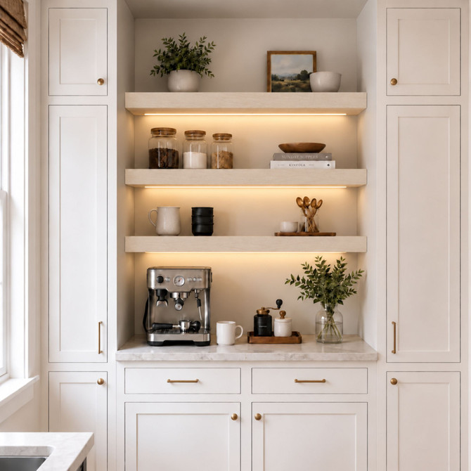 3-inch Maple LED-lit alcove shelves installed in a built-in kitchen coffee bar with recessed under-shelf lighting.