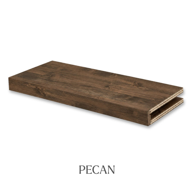 3-inch Superior Alder alcove floating shelf in Pecan with a warm brown finish and natural wood grain.