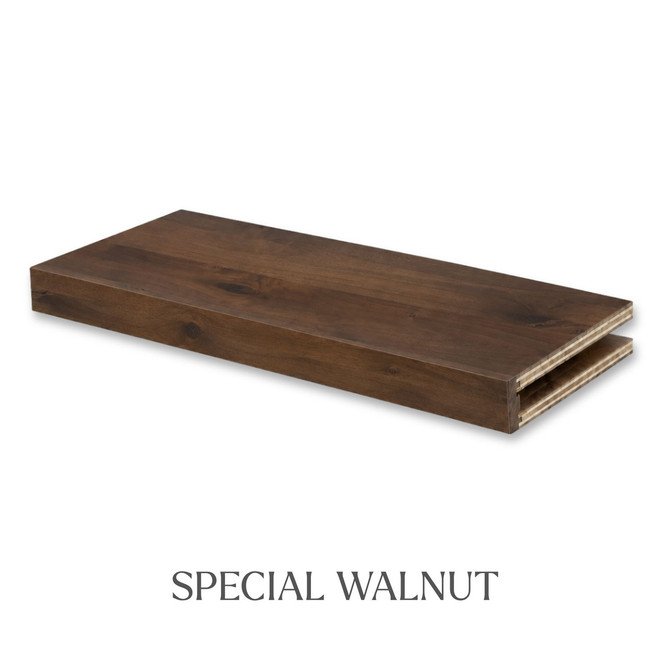 3-inch Superior Alder alcove floating shelf in Special Walnut with a deep brown finish and visible natural wood grain.