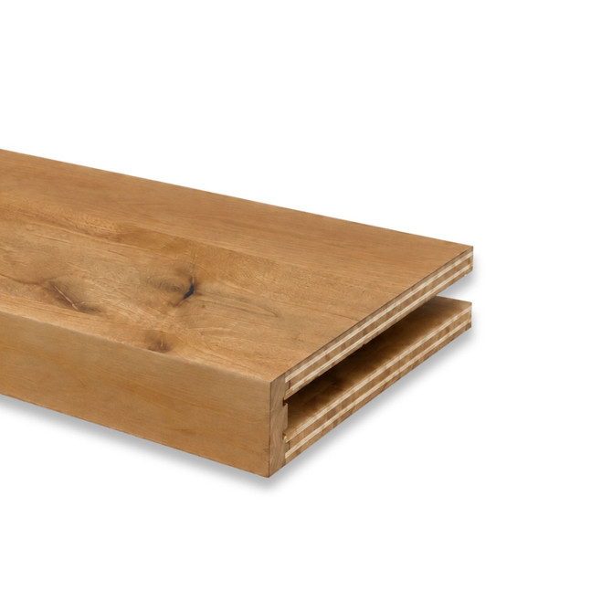 Close-up of a 3-inch Rustic Alder alcove floating shelf in Clear Coat showing the open end and routed channel for side cleat installation.
