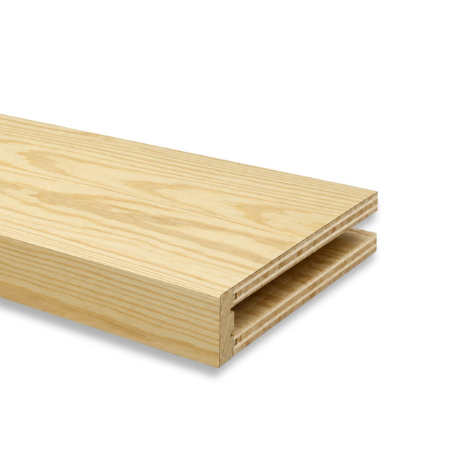 Close-up of a 3-inch Pine alcove floating shelf in Clear Coat showing the open end and routed channel for side cleat installation.