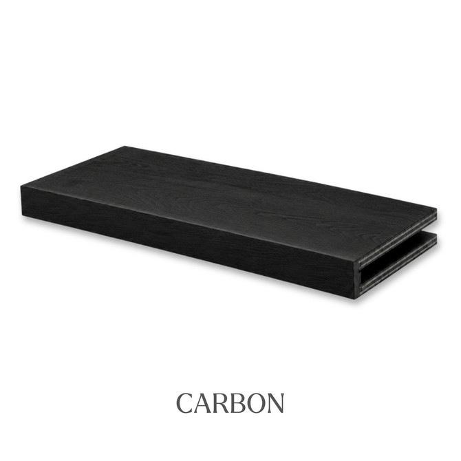 3-inch Red Oak alcove floating shelf in Carbon with a dark finish and visible natural oak wood grain.