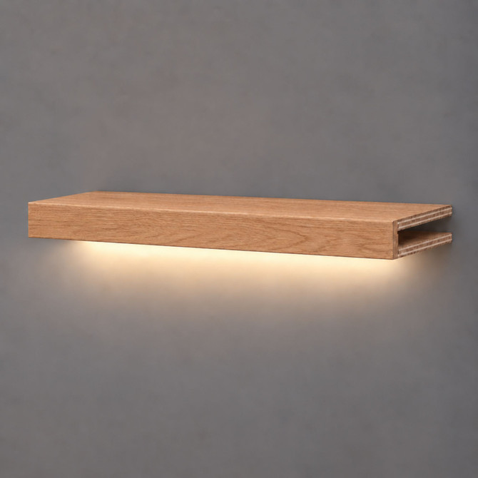 3-inch box construction Red Oak LED-lit alcove shelf with recessed hardwired lighting underneath and an open end for a custom-fit installation.