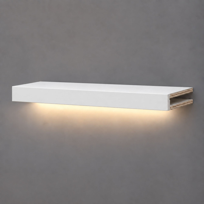 3-inch box construction White Painted Maple LED-lit alcove shelf with recessed hardwired lighting underneath and an open end for a custom-fit installation.