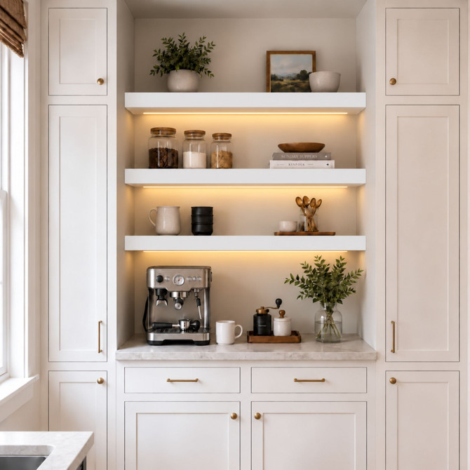 3-inch White Painted Maple LED-lit alcove shelves installed in a built-in kitchen coffee bar with recessed under-shelf lighting.