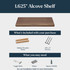 1.625-inch walnut alcove shelf installation graphic showing hidden wooden cleats and #10 x 3-inch screws included with purchase, plus toggle bolts, shims, and a square drill bit that may be needed for installation.