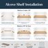 Alcove floating shelf installation guide showing hidden side cleats for shelves under 39 inches and side and back cleats for longer shelves.