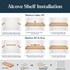 Alcove floating shelf installation guide showing hidden side cleats for shelves under 39 inches and side and back cleats for longer shelves.