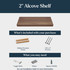 2-inch walnut alcove shelf installation graphic showing hidden wooden cleats and #10 x 3-inch screws included with purchase, plus toggle bolts, shims, and a square drill bit that may be needed for installation.