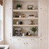 3-inch Maple alcove floating shelves installed in a built-in kitchen coffee bar with white cabinetry.