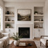 3-inch Maple alcove floating shelves installed in built-in niches on both sides of a living room fireplace.