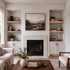 3-inch Superior Alder alcove floating shelves installed in built-in niches on both sides of a living room fireplace.