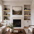 3-inch Pine alcove floating shelves installed in built-in niches on both sides of a living room fireplace.