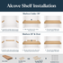 Alcove floating shelf installation guide showing hidden side cleats for shelves under 39 inches and side and back cleats for longer shelves.